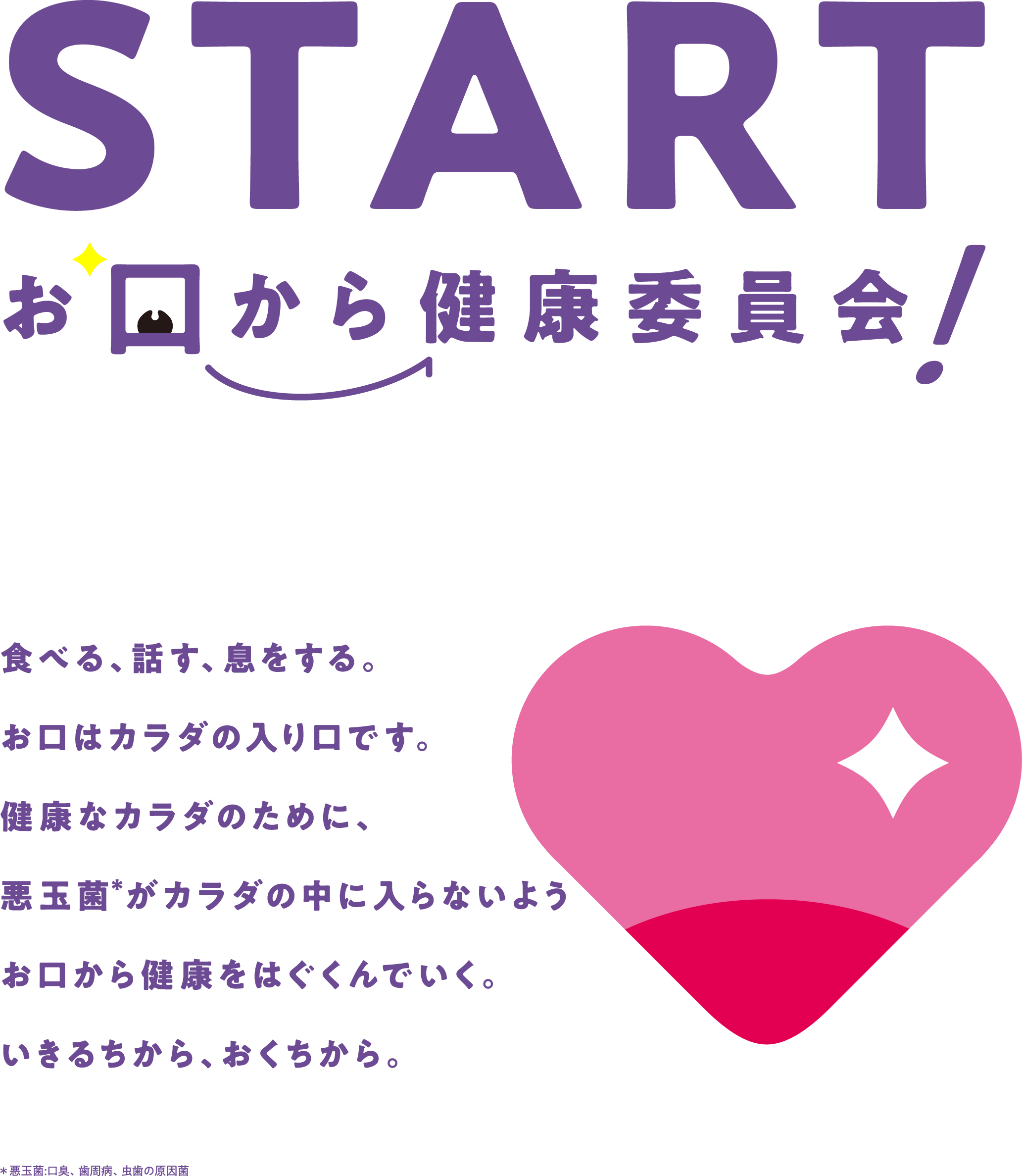 START お口から健康委員会！いきるちから、おくちから。食べる、話す、息をする。お口はカラダの入り口です。健康なカラダのために、悪玉菌＊がカラダの中に入らないようお口から健康をはぐくんでいく。いきるちから、おくちから。